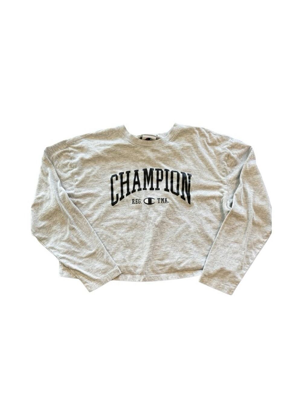 Champion Women’s Small Cropped Long Sleeve T-Shirt Gray Black Logo Graphic